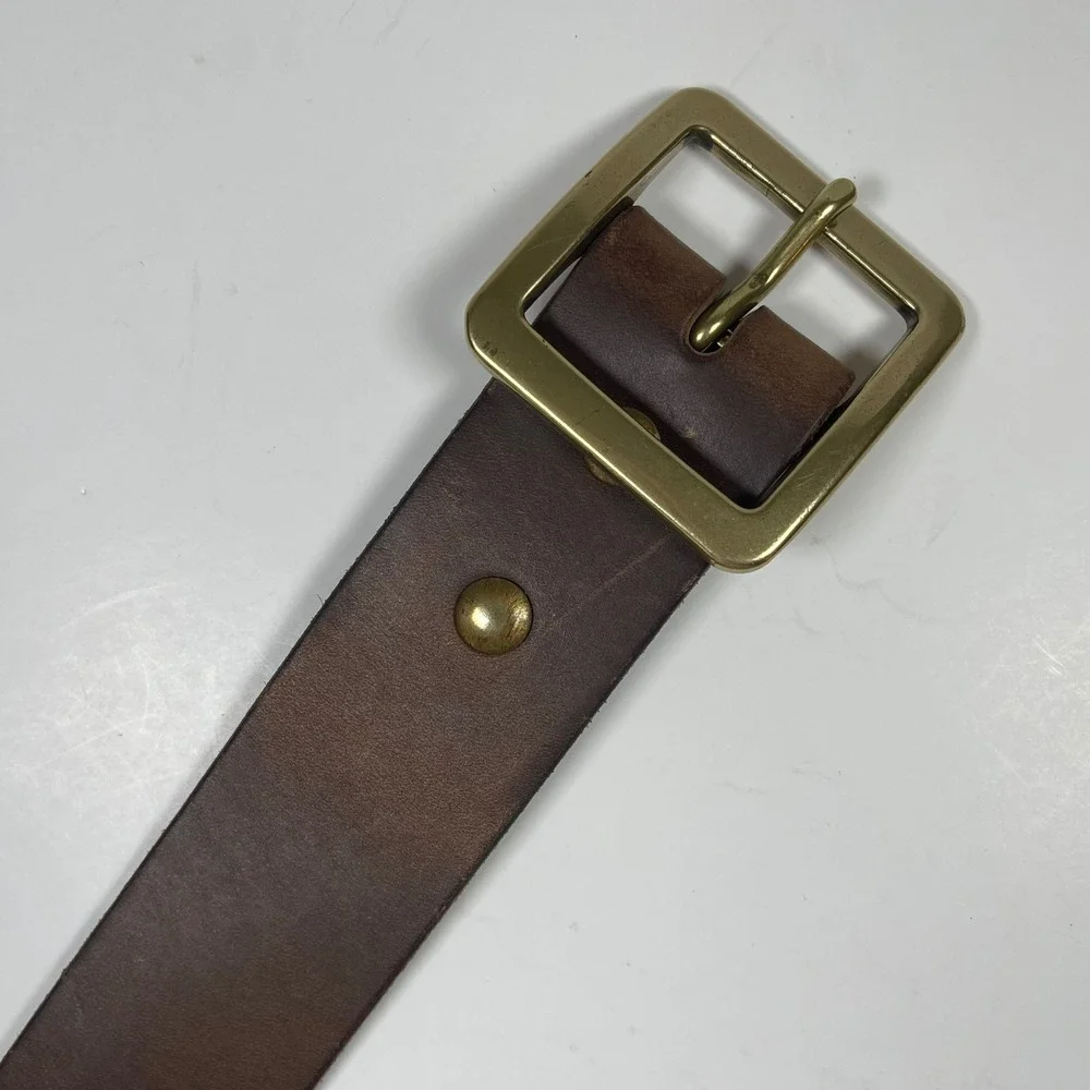 Vintage Handmade Leather Belt Mens 38 Brown Brass Square Buckle Full Grain
